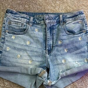 American Eagle Outfitters Blue Denim Shorts with Daisy Embroidery